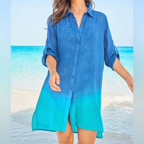 Swimsuits For All Blue Teal Ombré Button Front Swim Cover Tunic Dress Sz 18/20 - Picture 1 of 9